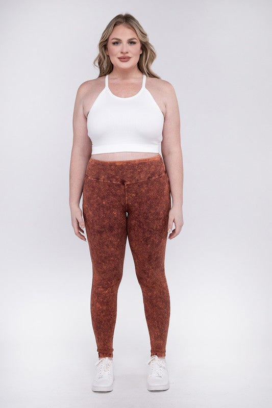 Hi Curvy Plus Size Women Mineral Washed Wide Waistband Yoga Leggings