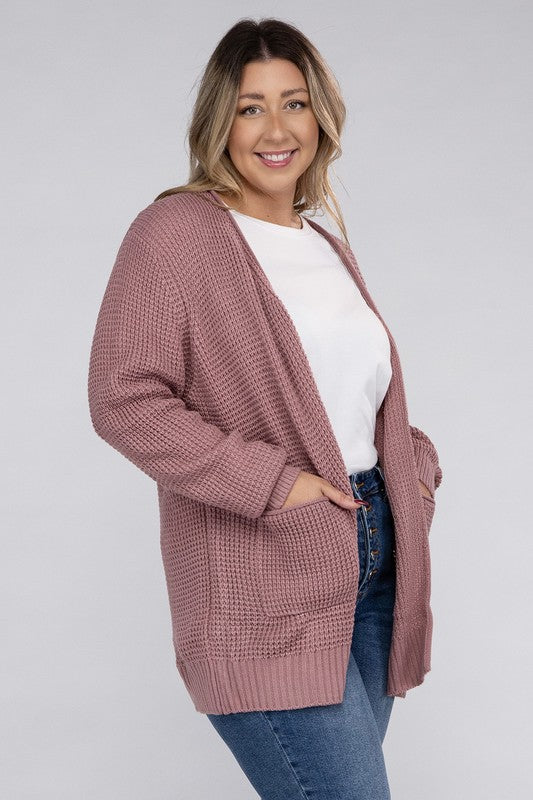 HI Curvy Plus Size Women Low Gauge Waffle Open Cardigan Sweater