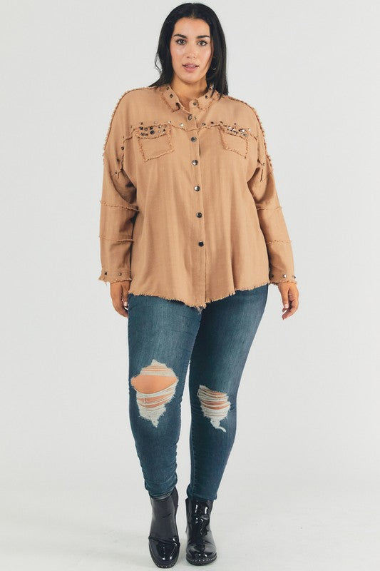 Hi Curvy Plus Size Women Distressed hem button down oversize shirt