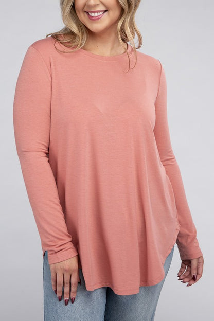 Hi Curvy Plus Size Women Long Sleeve Round Neck Round Hem Top