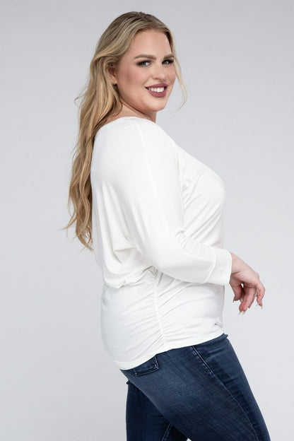 Hi Curvy Plus Size Women Luxe Rayon Boat Neck 3/4 Sleeve Top