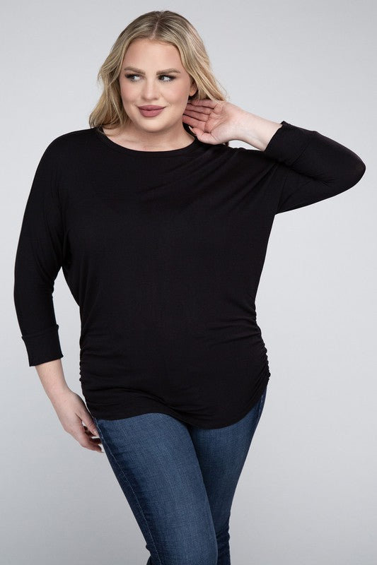 Hi Curvy Plus Size Women Luxe Rayon Boat Neck 3/4 Sleeve Top