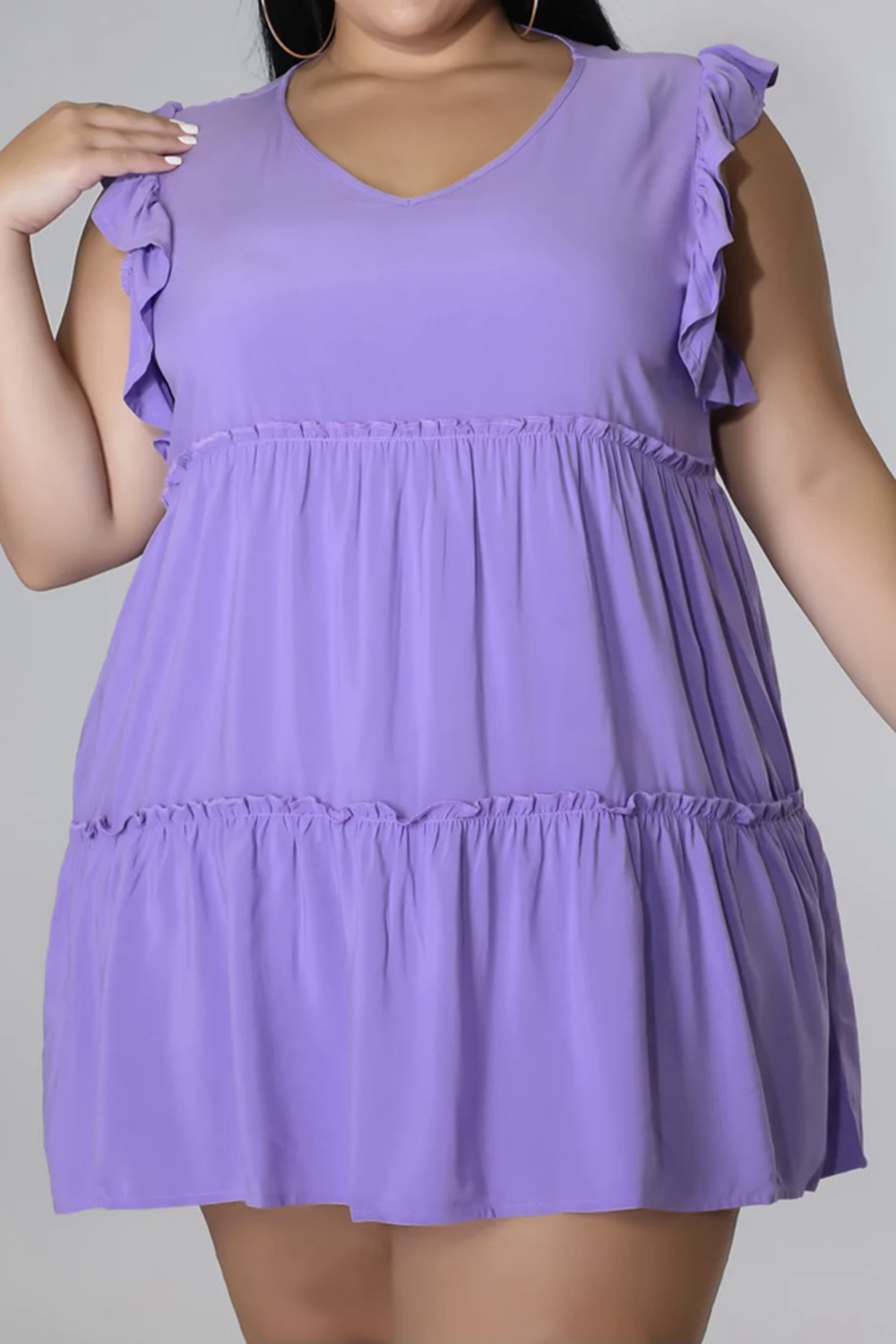 HI Curvy Plus Size Women V-Neck Frill Trim Mini Dress