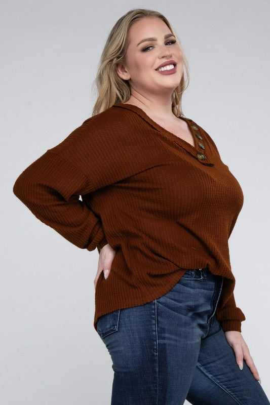 Hi Curvy Plus Size Women Brushed Waffle V-Neck Button Detail Sweater