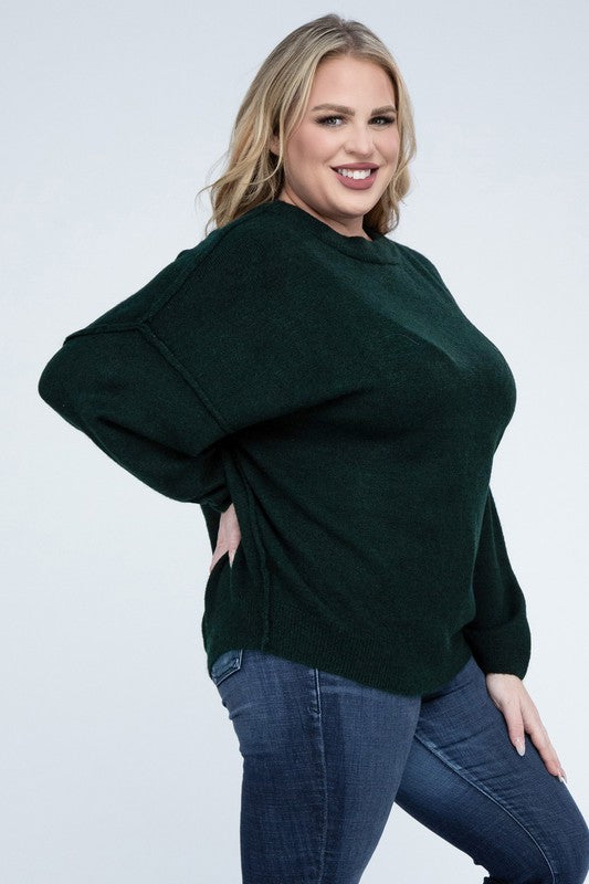 HI Curvy Plus Size Women Oversized Round Neck Raw Seam Melange Sweater