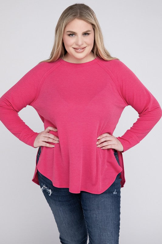 Plus Size Melange Baby Waffle Long Sleeve Top