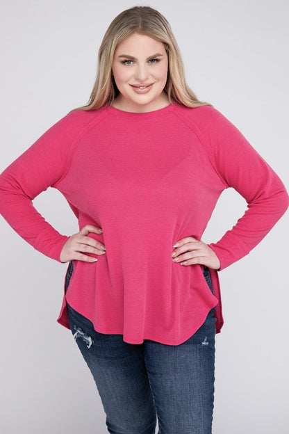 Plus Size Melange Baby Waffle Long Sleeve Top