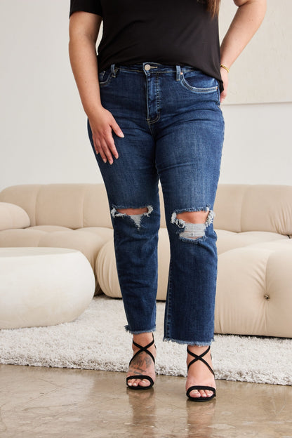 Full Size Tummy Control Distressed High Waist Raw Hem Jeans