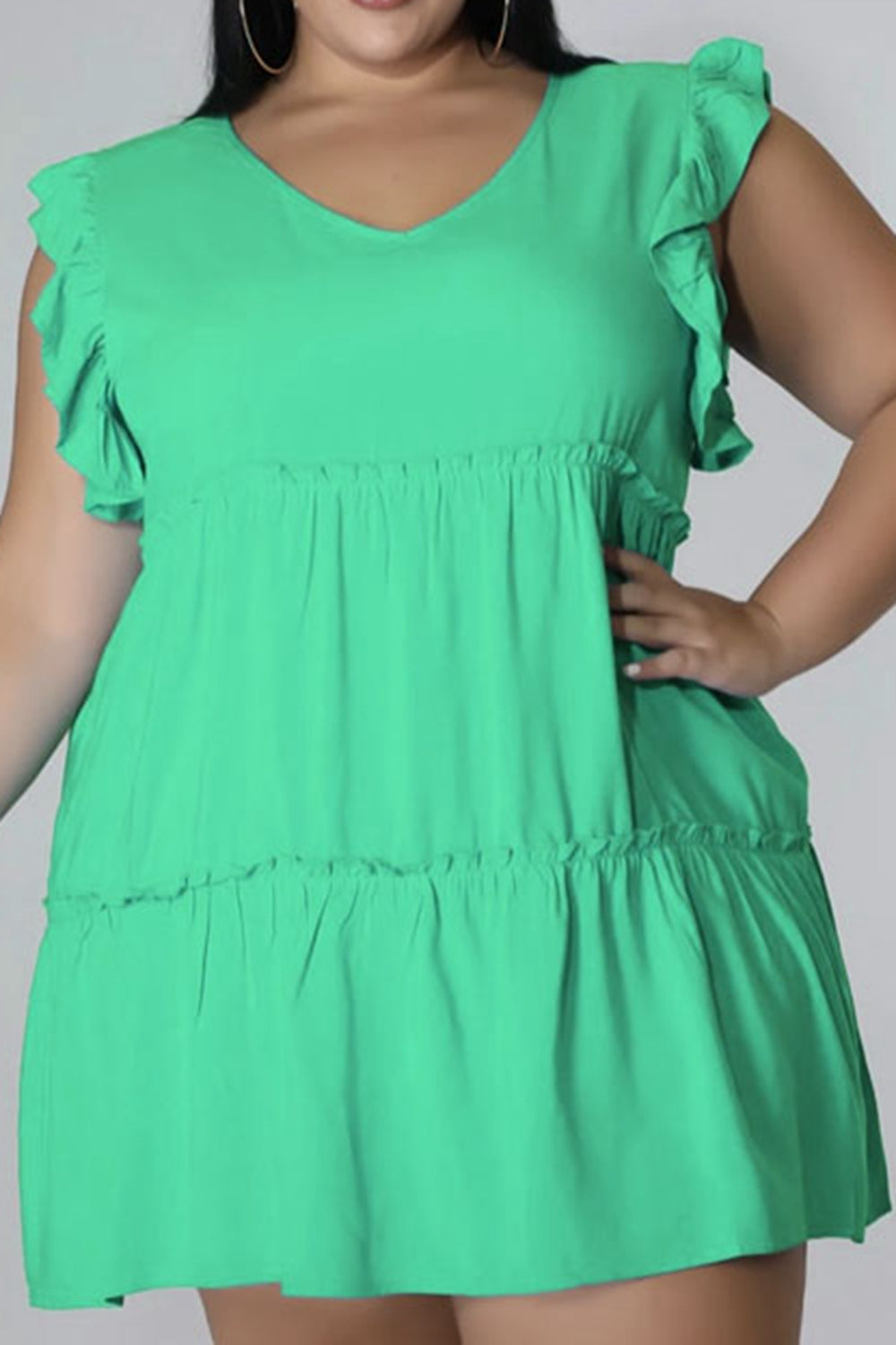 HI Curvy Plus Size Women V-Neck Frill Trim Mini Dress