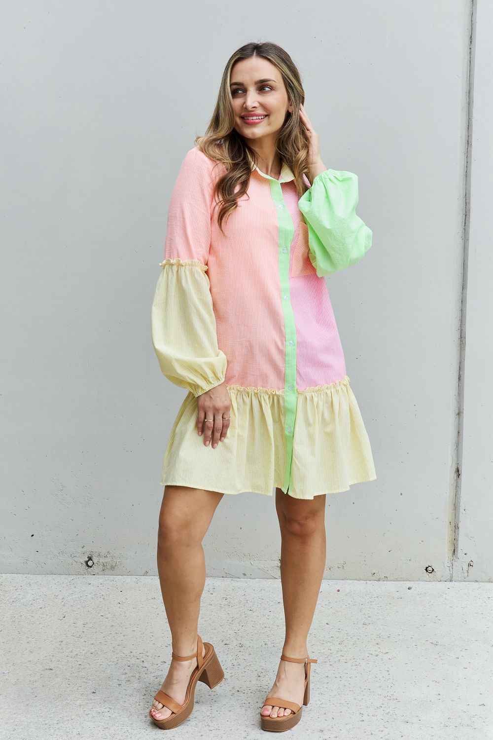 Flying Colors Full Size Colorblock Long Sleeve Shirt Dress