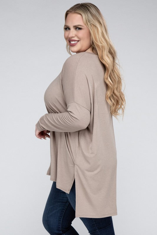 Hi Curvy Plus Size Women Dolman Sleeve V-Neck Side Slit Hi-Low Hem Top