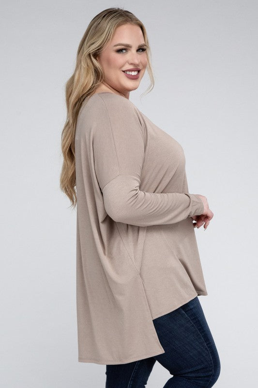 Hi Curvy Plus Size Women Dolman Sleeve V-Neck Side Slit Hi-Low Hem Top