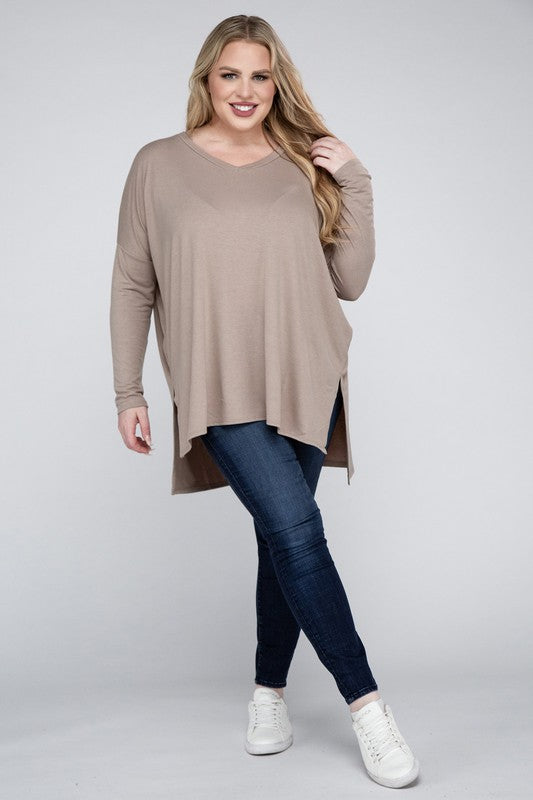 Hi Curvy Plus Size Women Dolman Sleeve V-Neck Side Slit Hi-Low Hem Top