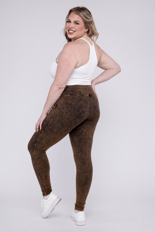 Hi Curvy Plus Size Women Mineral Washed Wide Waistband Yoga Leggings