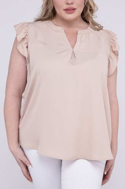 HI Curvy Plus Size Woven Wool Peach Ruffled Sleeve High-Low Top