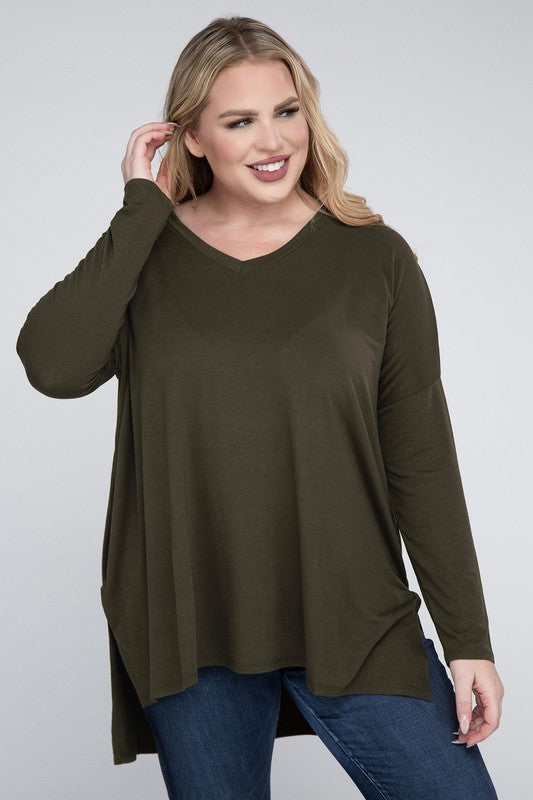 Hi Curvy Plus Size Women Dolman Sleeve V-Neck Side Slit Hi-Low Hem Top