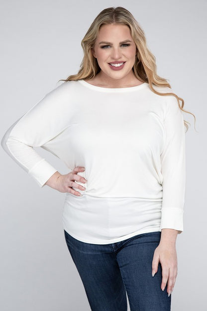 Hi Curvy Plus Size Women Luxe Rayon Boat Neck 3/4 Sleeve Top