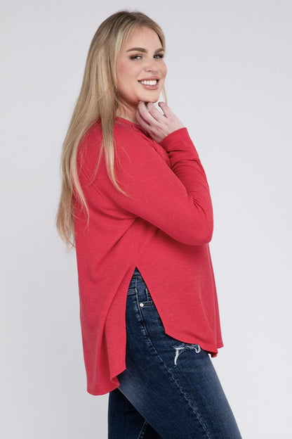 Plus Size Melange Baby Waffle Long Sleeve Top