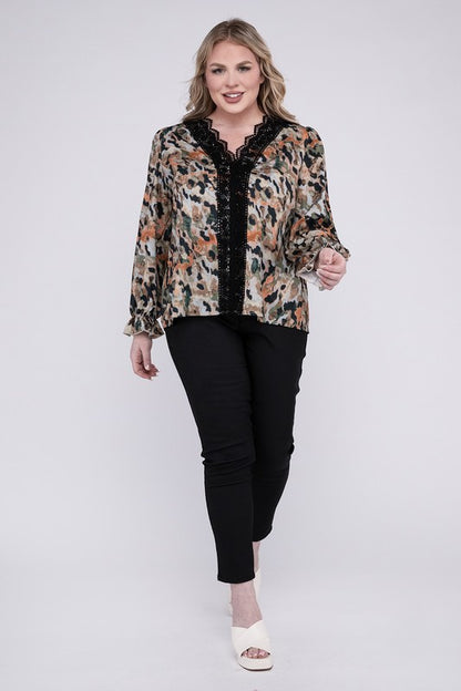 HI Curvy Plus Size Women Floral Print Lace Trim Blouse