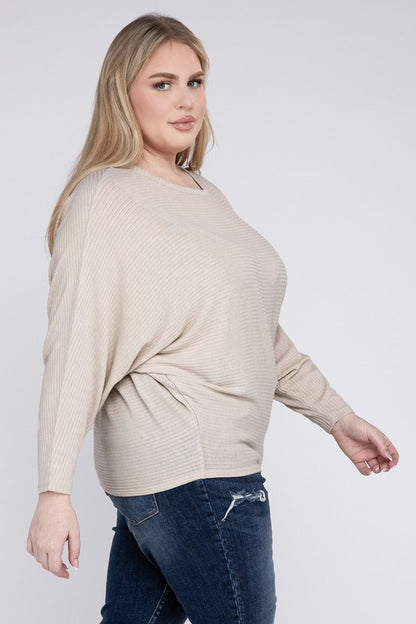 Hi Curvy Plus Size Women Ribbed Batwing Long Sleeve Boat Neck Sweater