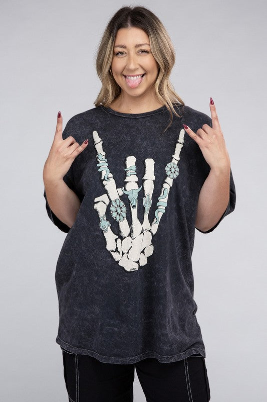 HI Curvy Plus Size Women Skeleton Rock Hand Sign Graphic Top