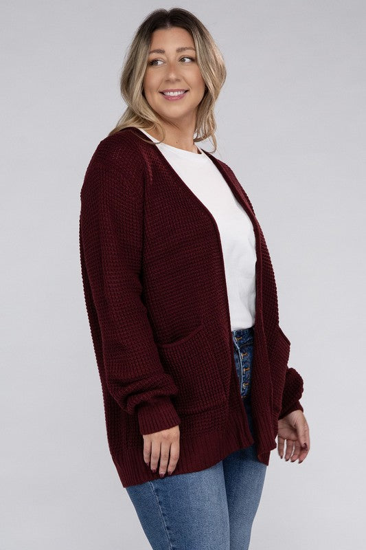 HI Curvy Plus Size Women Low Gauge Waffle Open Cardigan Sweater