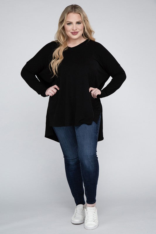 Hi Curvy Plus Size Women Dolman Sleeve V-Neck Side Slit Hi-Low Hem Top