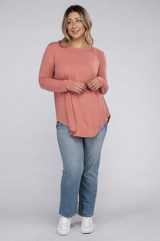 Hi Curvy Plus Size Women Long Sleeve Round Neck Round Hem Top