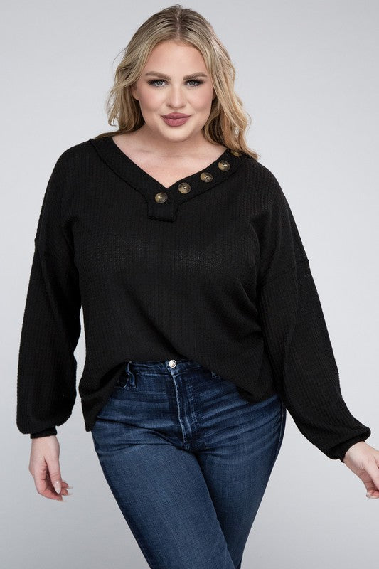 Hi Curvy Plus Size Women Brushed Waffle V-Neck Button Detail Sweater