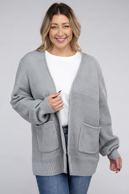 HI Curvy Plus Size Women Low Gauge Waffle Open Cardigan Sweater