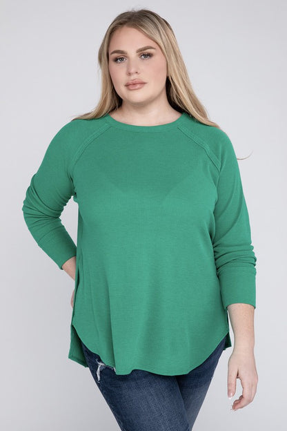 Plus Size Melange Baby Waffle Long Sleeve Top