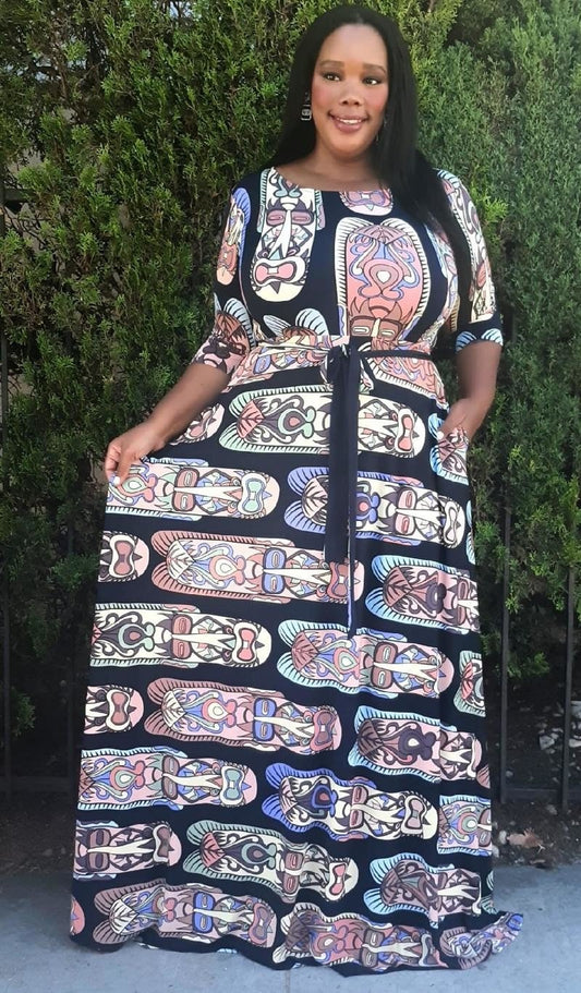 Plus Size Tribal Emblems Pattern Flare Maxi Dress with Pockets and Belt