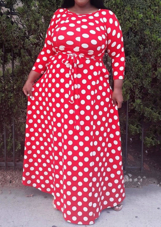 Hi Curvy Plus Size Big Polka Dot Fit & Flare maxi Dress with pockets