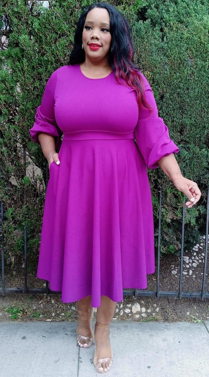 Plus Size Scuba Puffy Sleeves Round Neck Flare Dress With Pockets