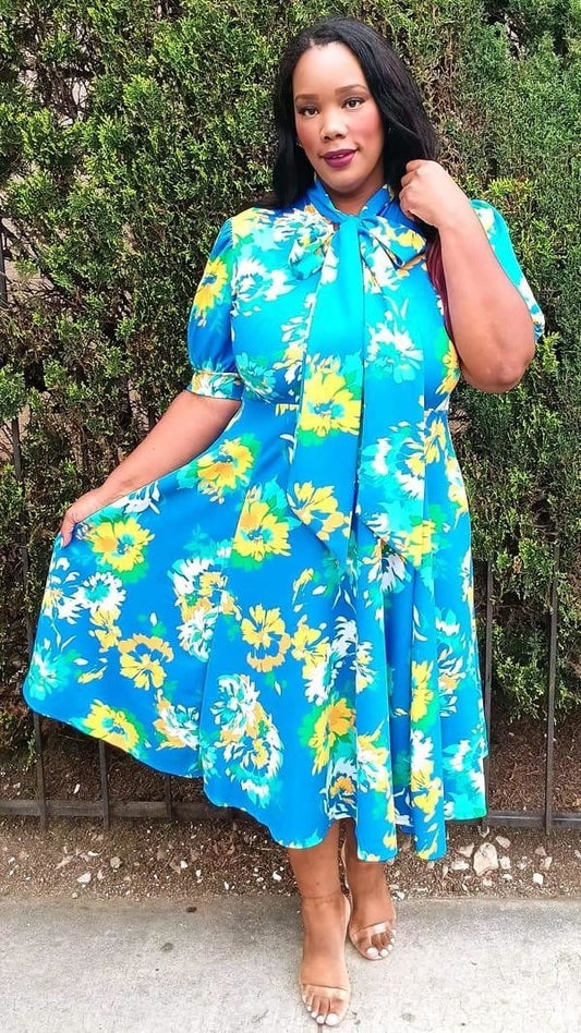 Hi Curvy Plus Size Flora Print Bow Collar Fit & Flare Midi Dress