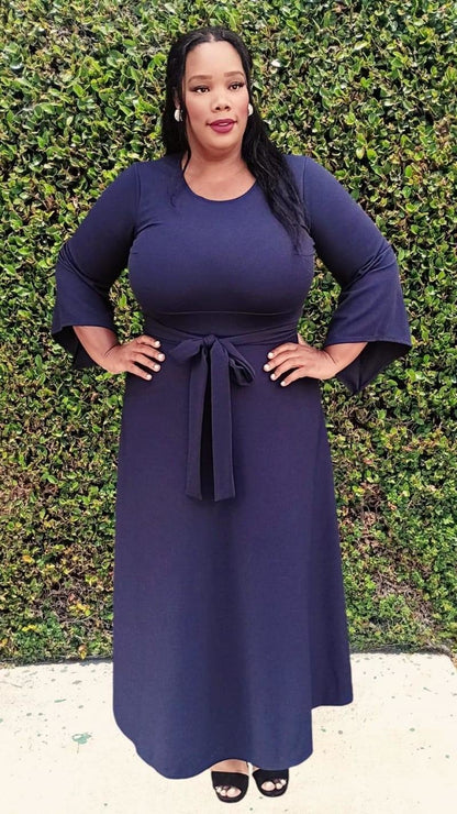 Plus Size Bell Sleeves Round Neck Maxi Flare Dress With Belt and Pockets