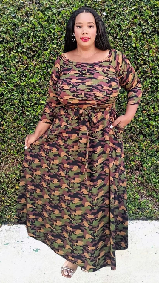 HI Curvy Plus Size Women Flare Camouflaged Maxi Dress with Pockets