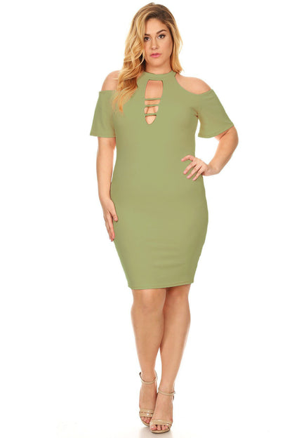 Plus Size  Short Sleeves Cold shoulder  Mock Neck Cutout Keyhole Bodycon Dresses