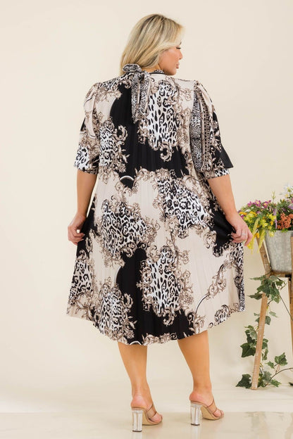 Plus Size Multi Print Bishop Sleeves Pleated Knee Dress with Bow Tie Back