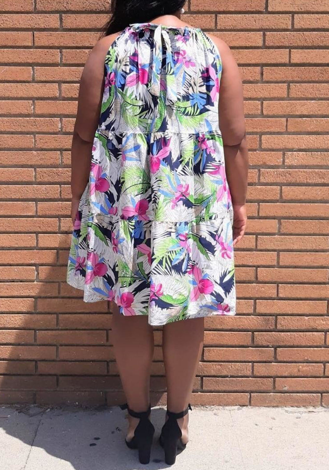HI Curvy Plus Size Women Tropic Floral Pattern Flare Mini Dress With Pockets