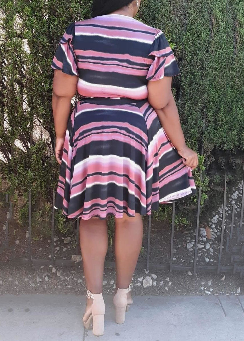 Hi Curvy Plus Size Women Multi Stripe Print Wrap Top & Flare Skirt Set Made In USA