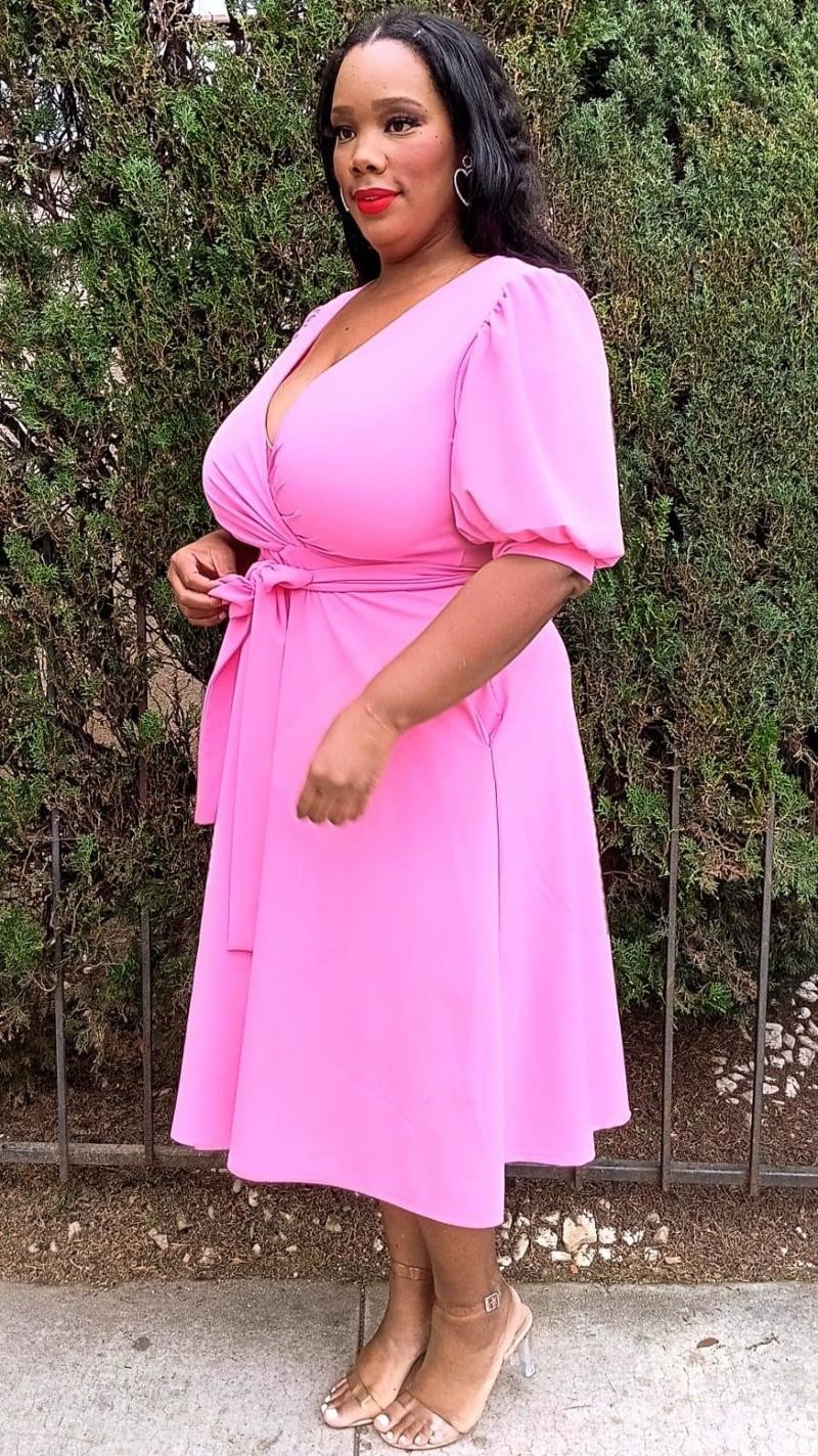 Hi Curvy  Plus Size Women Wrap Midi Dresses with Pockets and belt