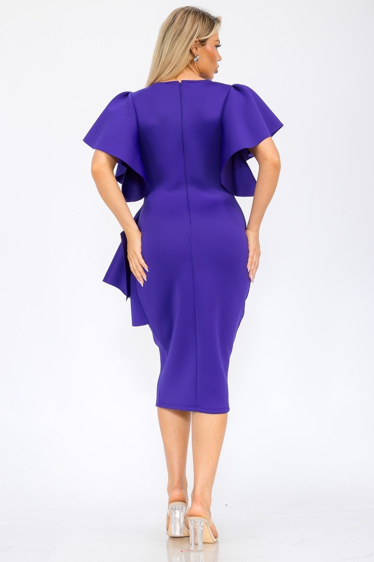 Women chic knee-length piece with elegant ruffle sleeves and a draped detail on the side