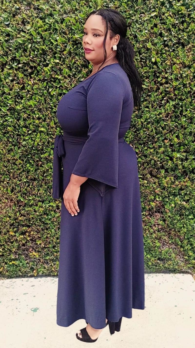 Plus Size Bell Sleeves Round Neck Maxi Flare Dress With Belt and Pockets