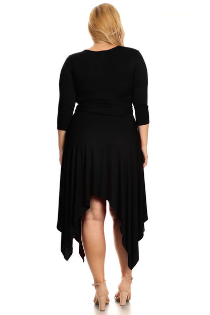 Plus Size women Asymmetric Pleated hem Wrapped Flare Midi Dress 3/4 Sleeves