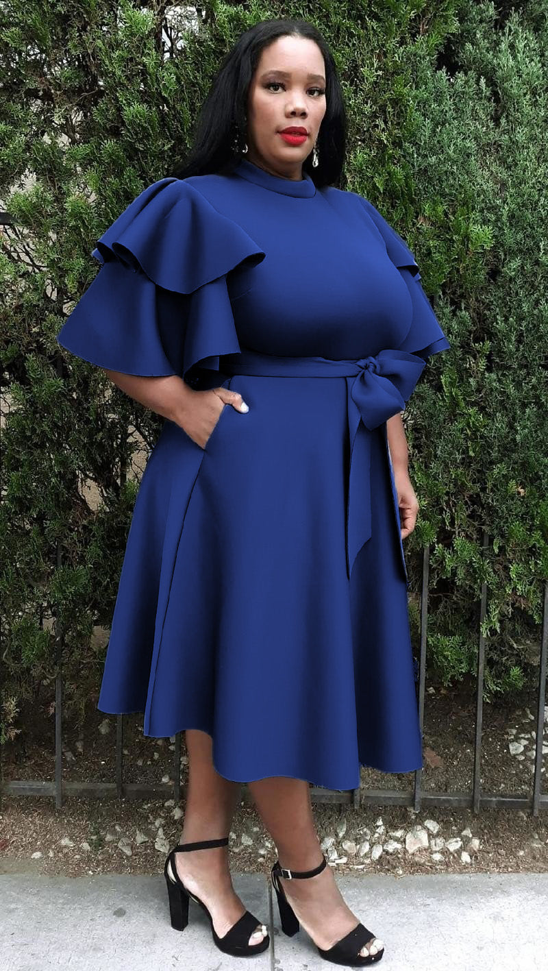 Plus Size Extravagant Fit and Flare Midi Dress With Belt