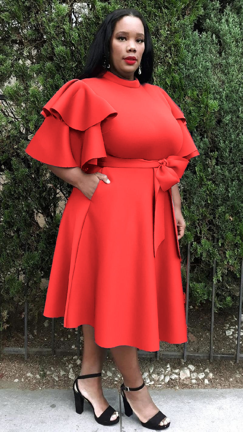 Plus Size Extravagant Fit and Flare Midi Dress With Belt