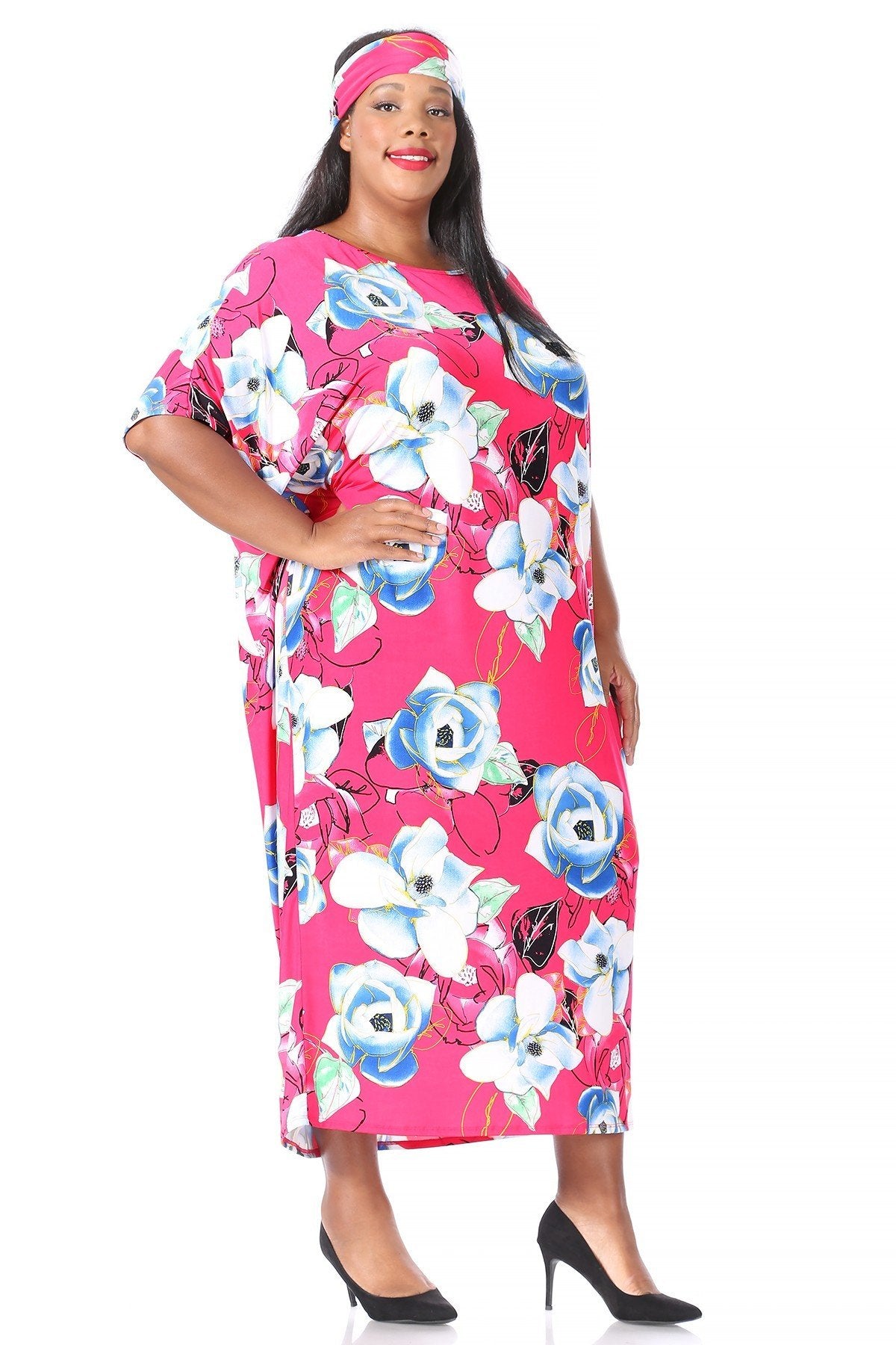 Hi Curvy Plus Size Women Flora Print Midi Shift Dress with Headscarf