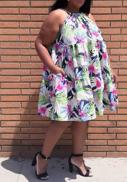HI Curvy Plus Size Women Tropic Floral Pattern Flare Mini Dress With Pockets