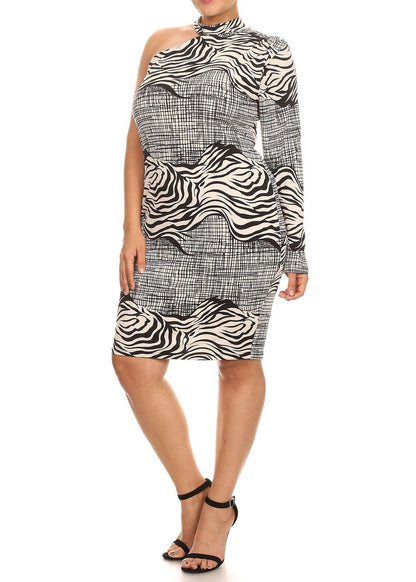 Hi Curvy Plus Size Women Zebra Print One Sleeve Mini Dress made in USA